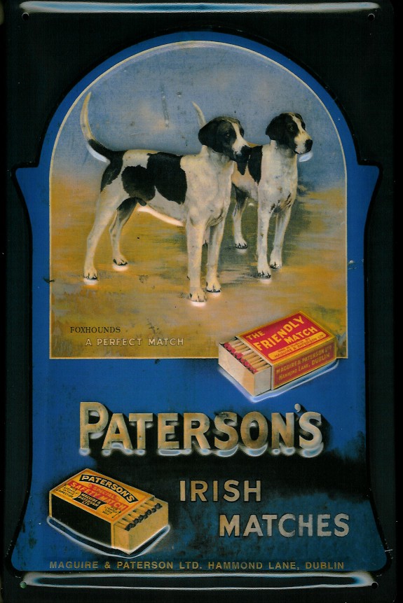 A512-Paterson Blechschild Nostalgieschild Paterson\'s Irish Matches Streichholz Hunde