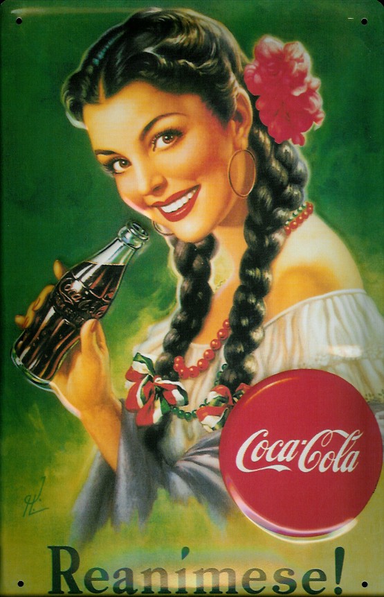 Blechschild Coca Cola Reanimese Mädchen mit Zöpfe Schild nostalgisches Werbeschild