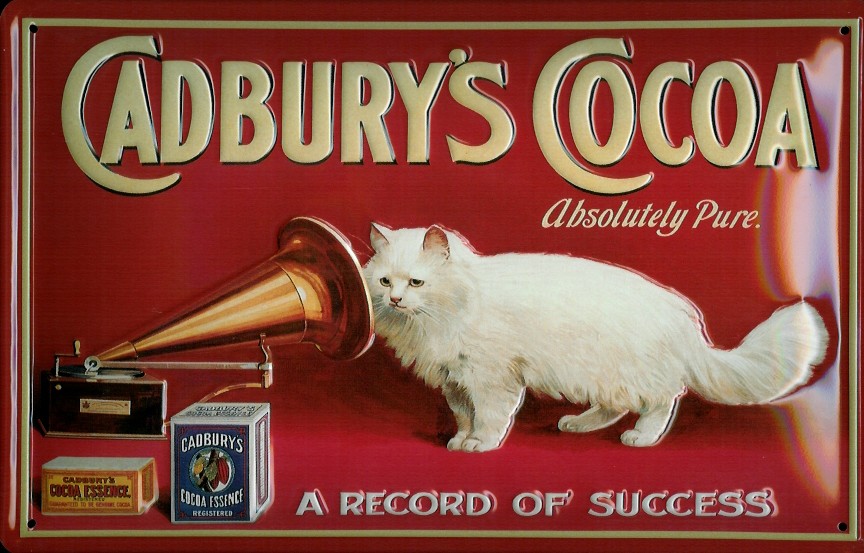 Blechschild Cadbury Cocoa Katze Grammophon Schokolade Schild