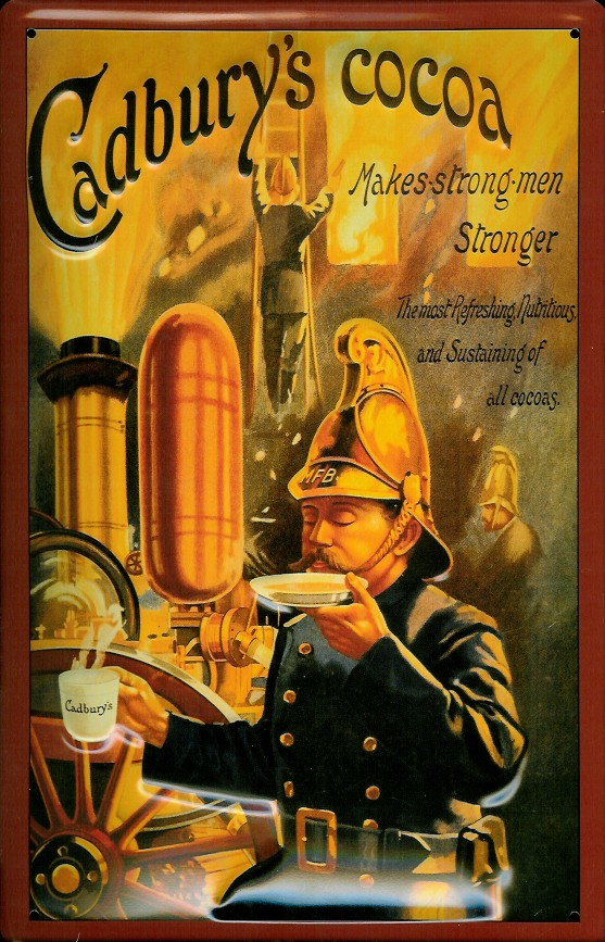 Blechschild Cadburys Cocoa Feuerwehr Mann Makes strong men Stronger Schild