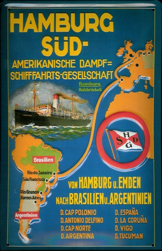 Blechschild Hamburg Süd Reederei Plakat Dampfer Schiff Schild Nostalgieschild