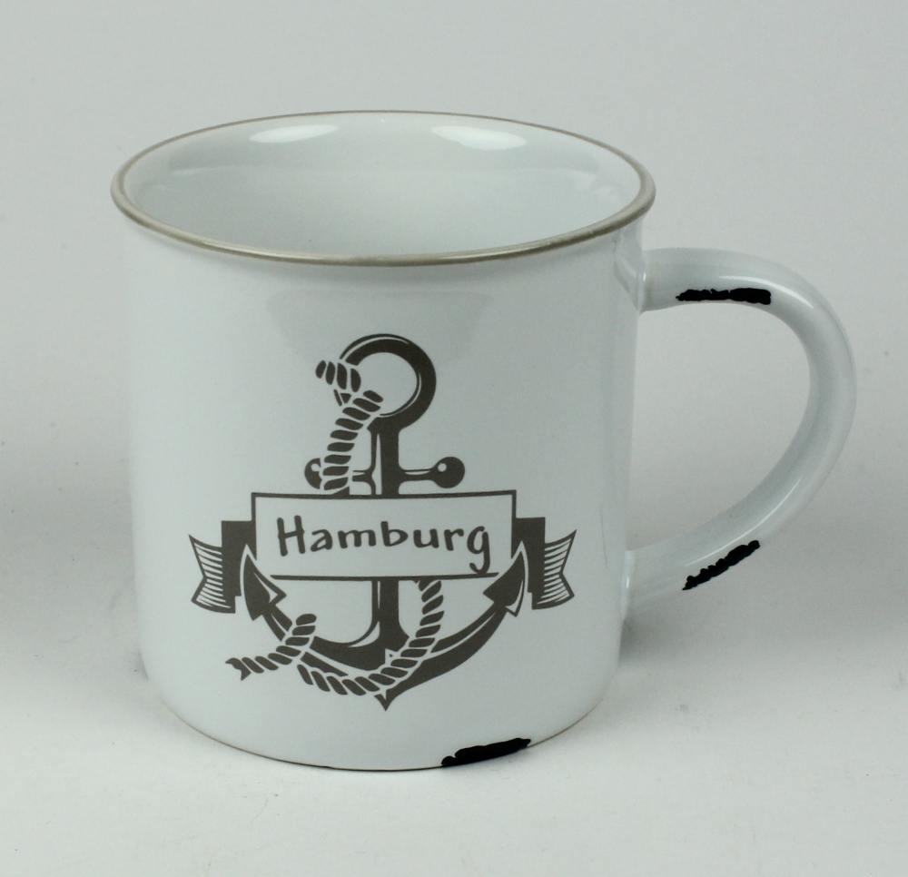 Rusty Becher Hamburg Anker Kaffeebecher Kaffeepott weiß GRAU Emaille-Optik Tasse