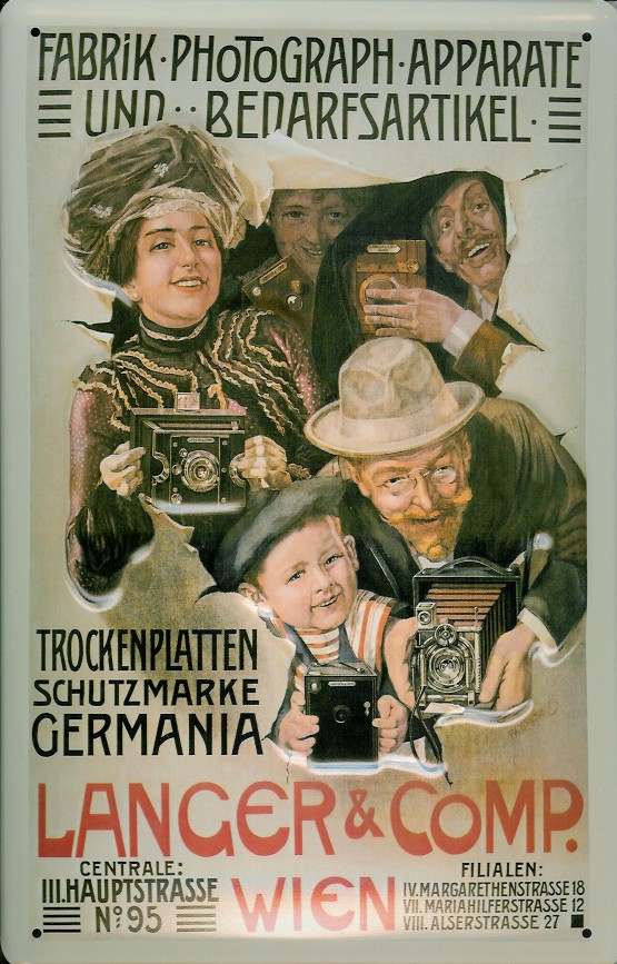 A642-Langer-Comp Blechschild Nostalgieschild Langer Kameras Wien Germania Trockenplatten