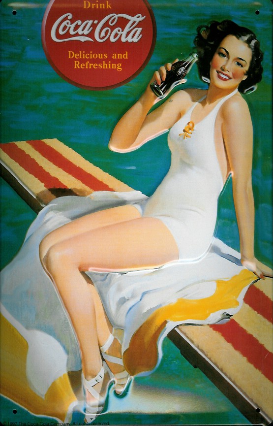 Blechschild Coca Cola Lady am Pool Frau mit Handtuch Coke nostalgisches Werbeschild retro Schild