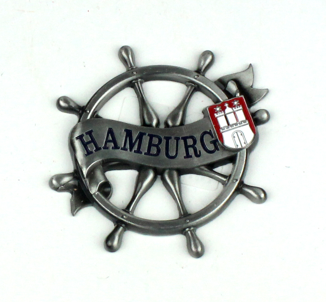 Magnet-Steuerrad-silber Magnet Steuerrad Tau Silber Titan Hamburg Banderole Wappen Souvenir Mitbringsel Geschenk Deko