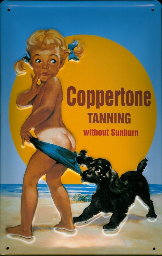 Blechschild Coppertone Tanning Kind mit Hund am Strand Sonnencreme Schild retro Werbeschild Nostalgi