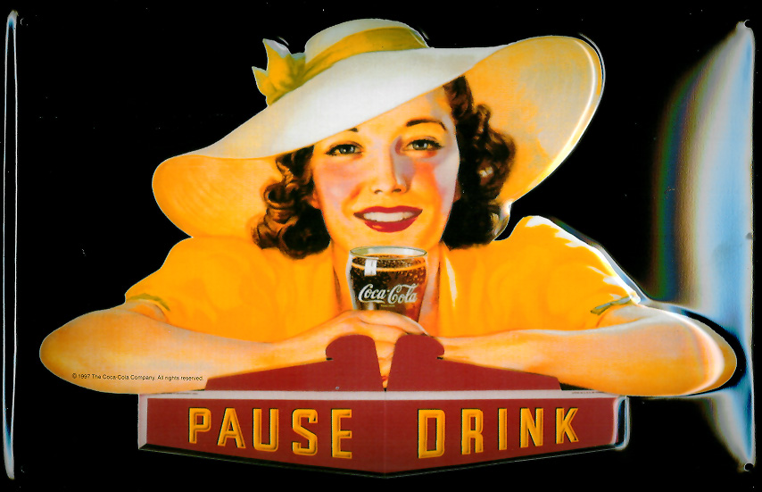 Blechschild Coca Cola Pause Drink Lady in gelb Coke retro Schild nostalgisches Werbeschild