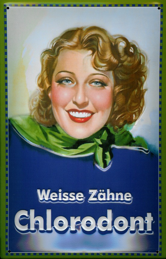 Blechschild Chlorodont weisse Zähne Zahnpasta DDR VEB Leowerke Schild retro Werbeschild Ostalgie Ost