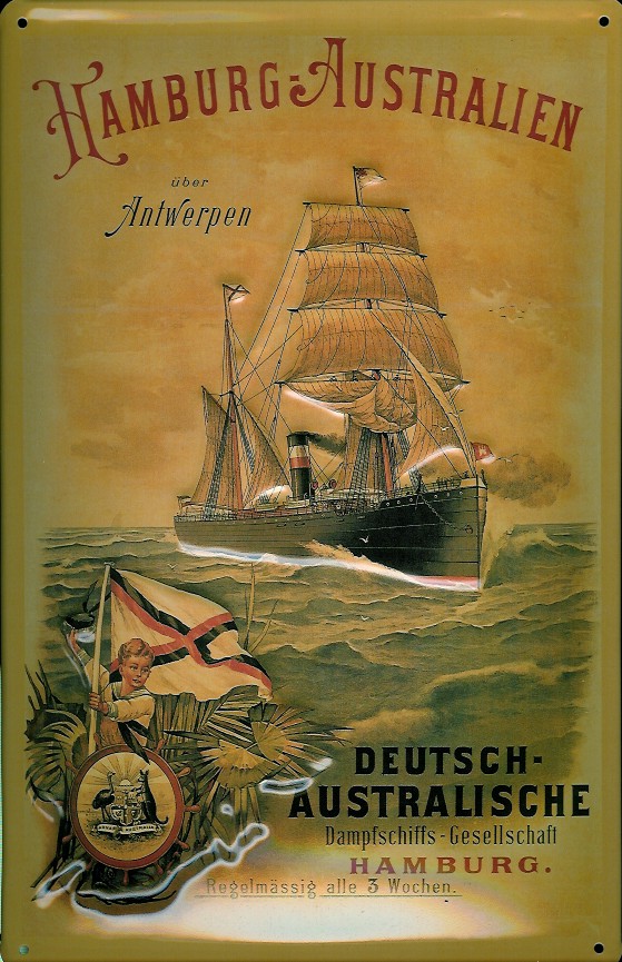 Blechschild Hamburg Australien via Antwerpen Segelschiff Dampfer Schiff Schild Nostalgieschild