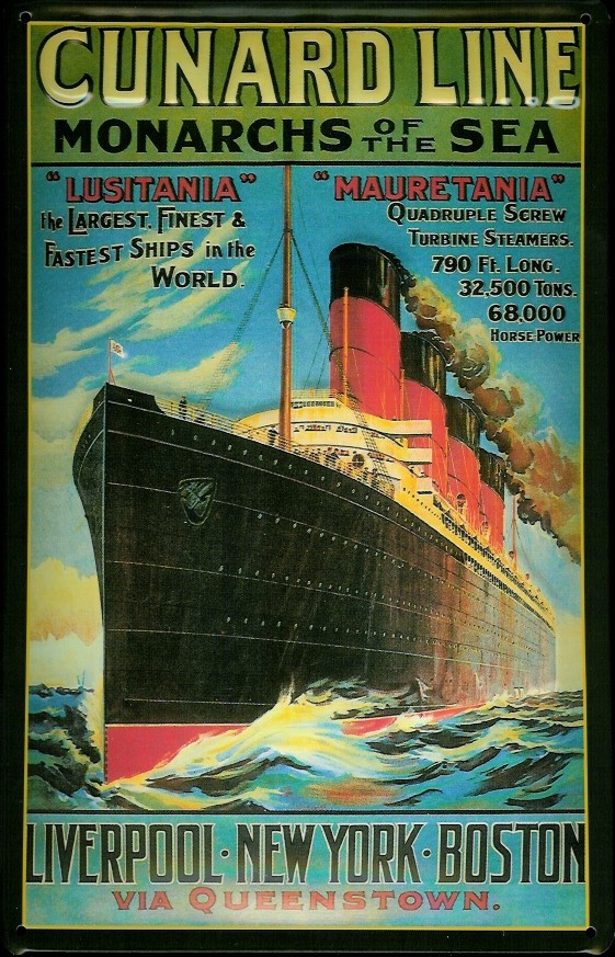 Blechschild Cunard Line Monarchs of the Sea Lusitania Mauretania Schiff Schild Nostalgieschild