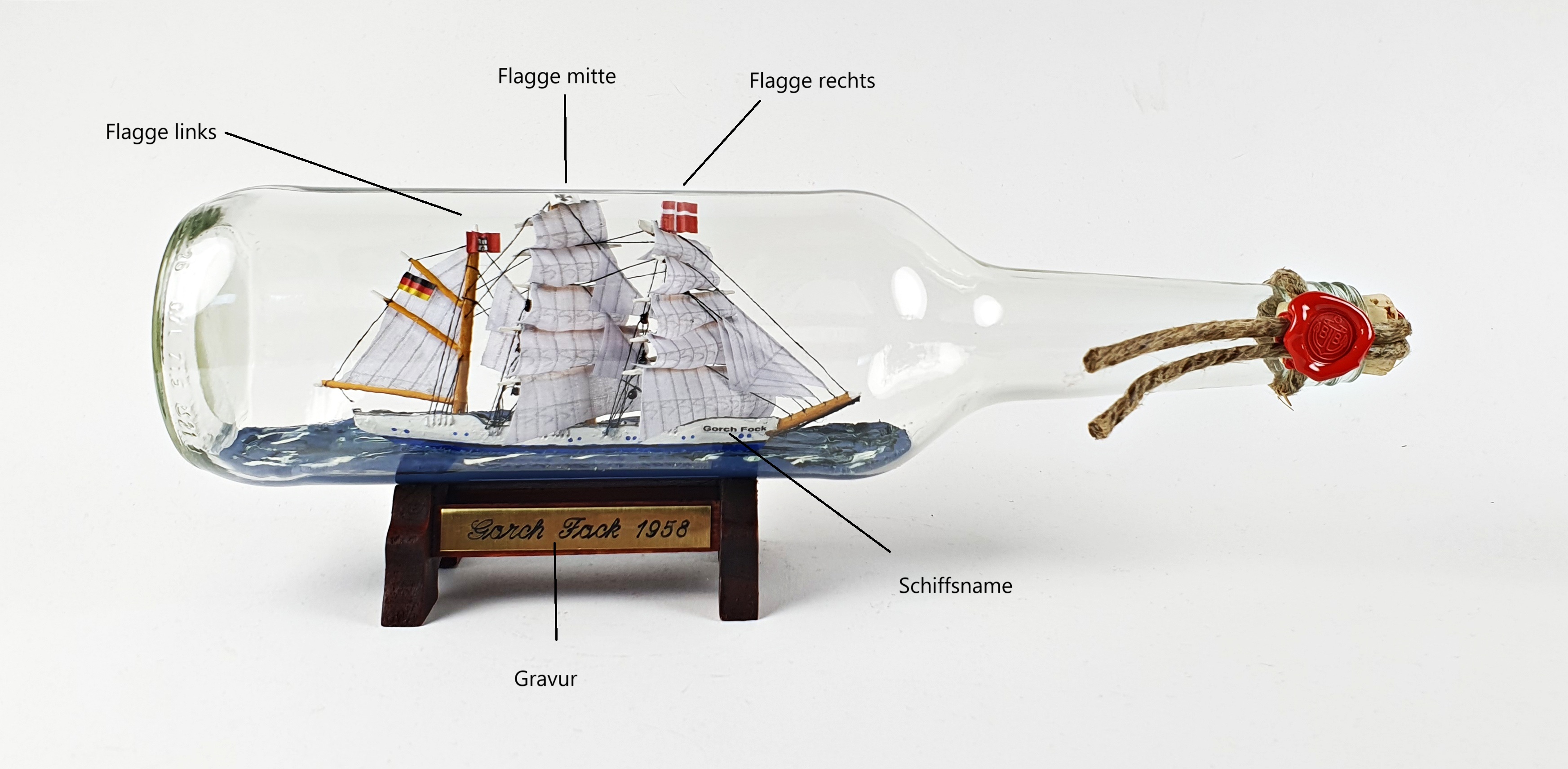Buddelschiff 700ml "Gorch Fock" runde Flasche Flaschenschiff individuell nach Ihren Wünschen