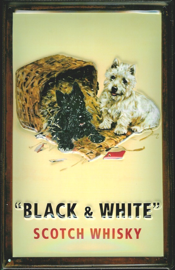 Blechschild Black & White Scotch Whisky Korb Hund Katze Schild Nostalgie Werbeschild