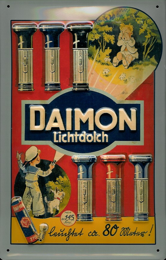 Blechschild Daimon Batterien Taschenlampe Schild retro Werbeschild Nostalgieschild