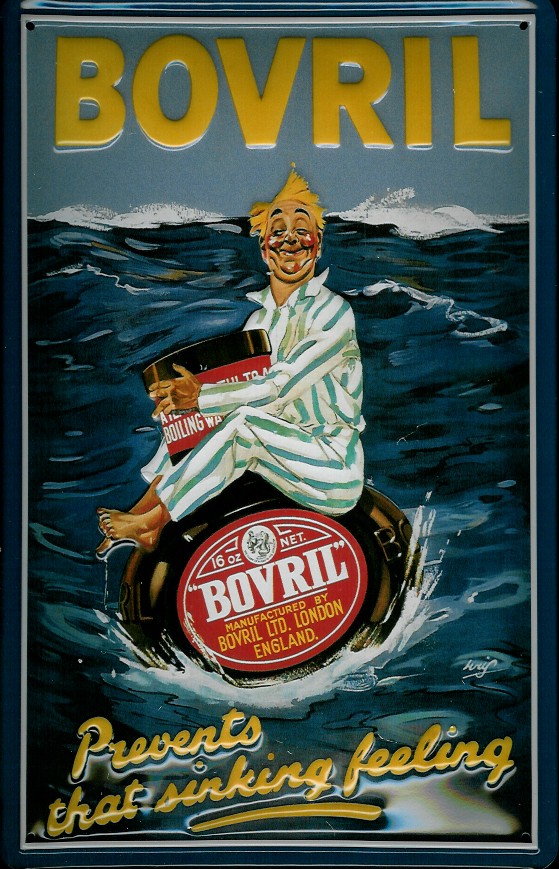 Blechschild Bovril Mann im Meer London Reklame Schild Nostalgieschild