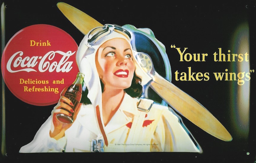 Blechschild Coca Cola Your thirst takes wings Flugzeug Propeller retro Schild Werbeschild