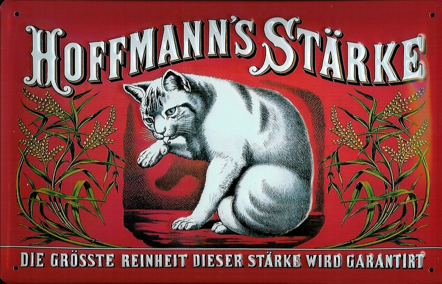 Blechschild Hoffmann Stärke Katze rot quer Schild retro Werbeschild Nostalgieschild