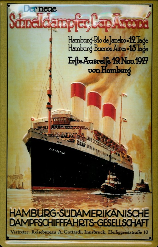 Blechschild Hamburg Süd-Amerikanische Schnelldampfer Cap Arcona Dampfer Reedereiplakat Schiff Schild