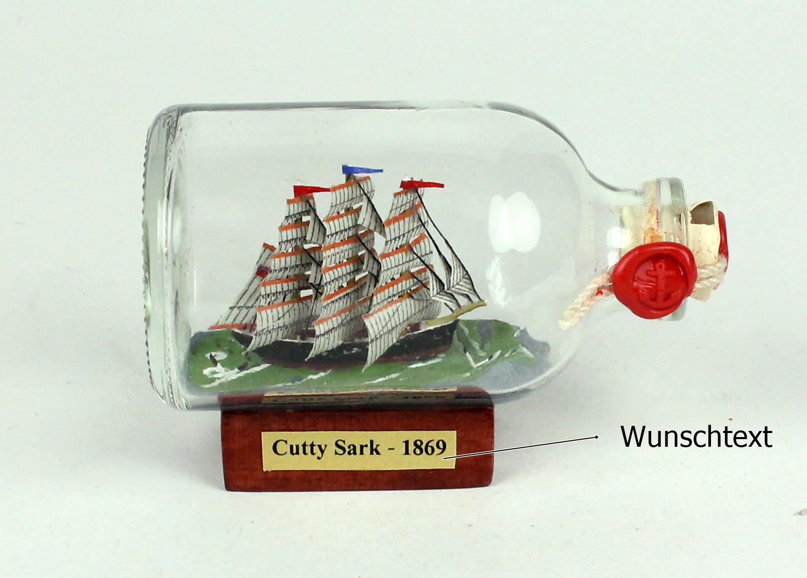 Buddelschiff 50 ml mit Wunschtext eigene Beschriftung ca. 7,2 x 4,5 cm Flaschenschiff