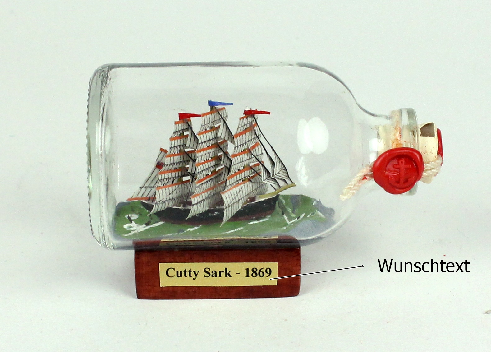 phs153-sonder Buddelschiff 50 ml mit Wunschtext eigene Beschriftung ca. 7,2 x 4,5 cm Flaschenschiff