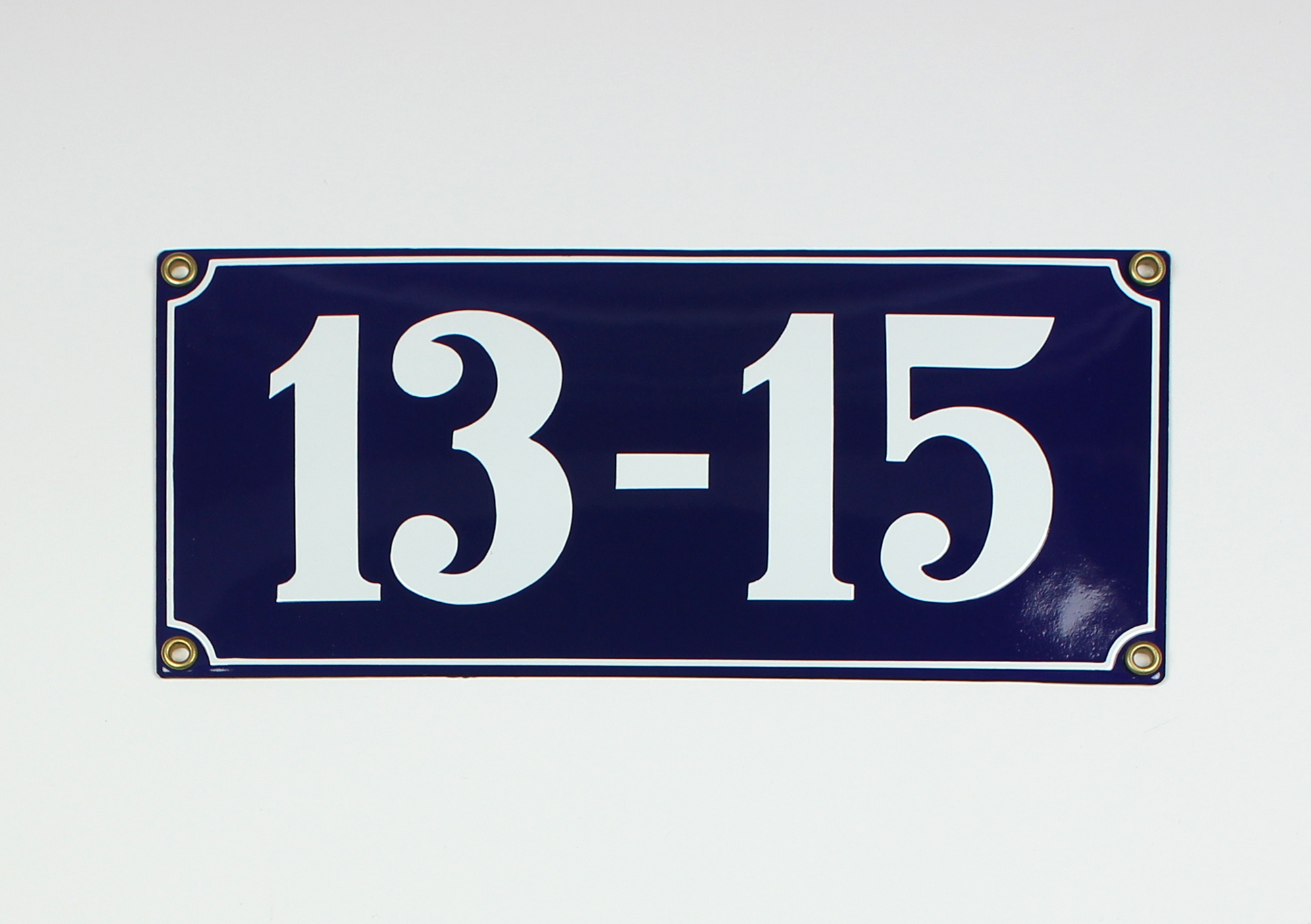 Hausnummernschild 13-15 blau Clarendon 26x12 cm Emailleschild