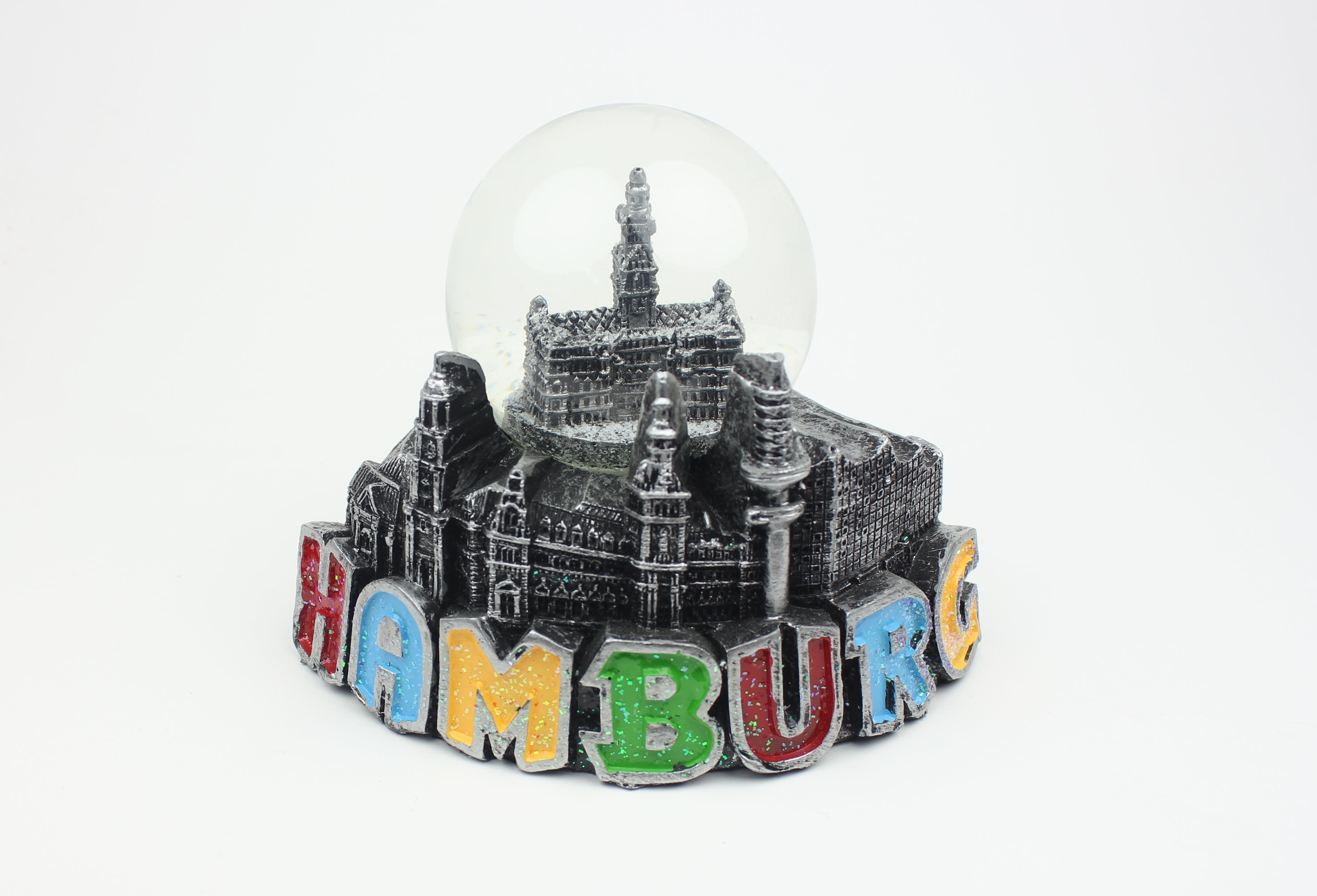 Schneekugel mit Hamburg Rathaus Metall-Optik Schüttelkugel Glitzerkugel Andenken