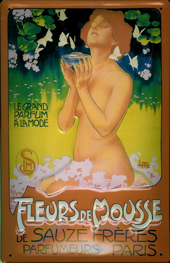 Blechschild Fleurs de Mousse Parfum Paris Frau Blätter Schild retro Werbeschild Nostalgieschild