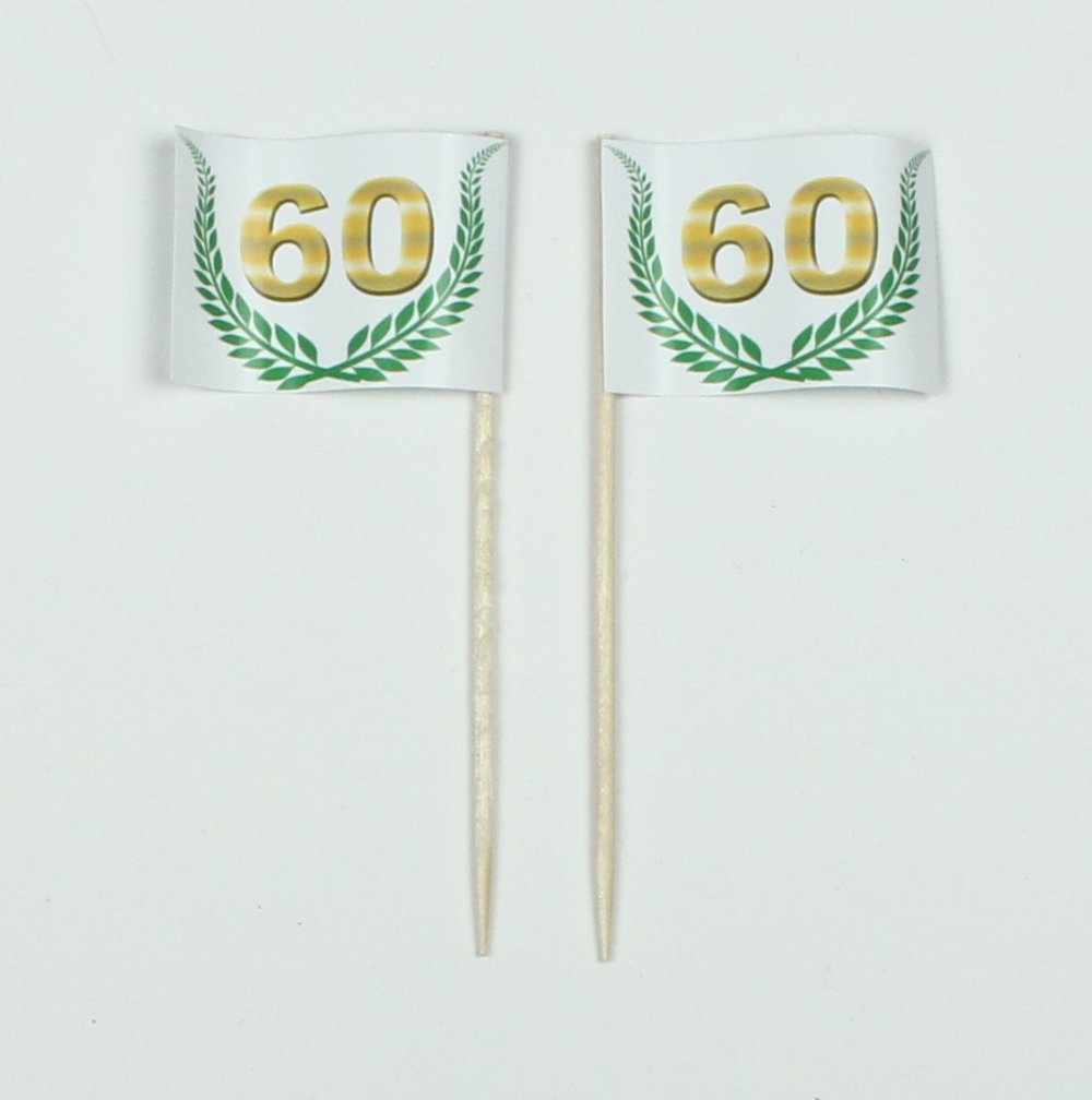 Party-Picker Flagge Jubiläumskranz "60" Jubiläum Papierfähnchen in Spitzenqualität 25 oder 50 Stück