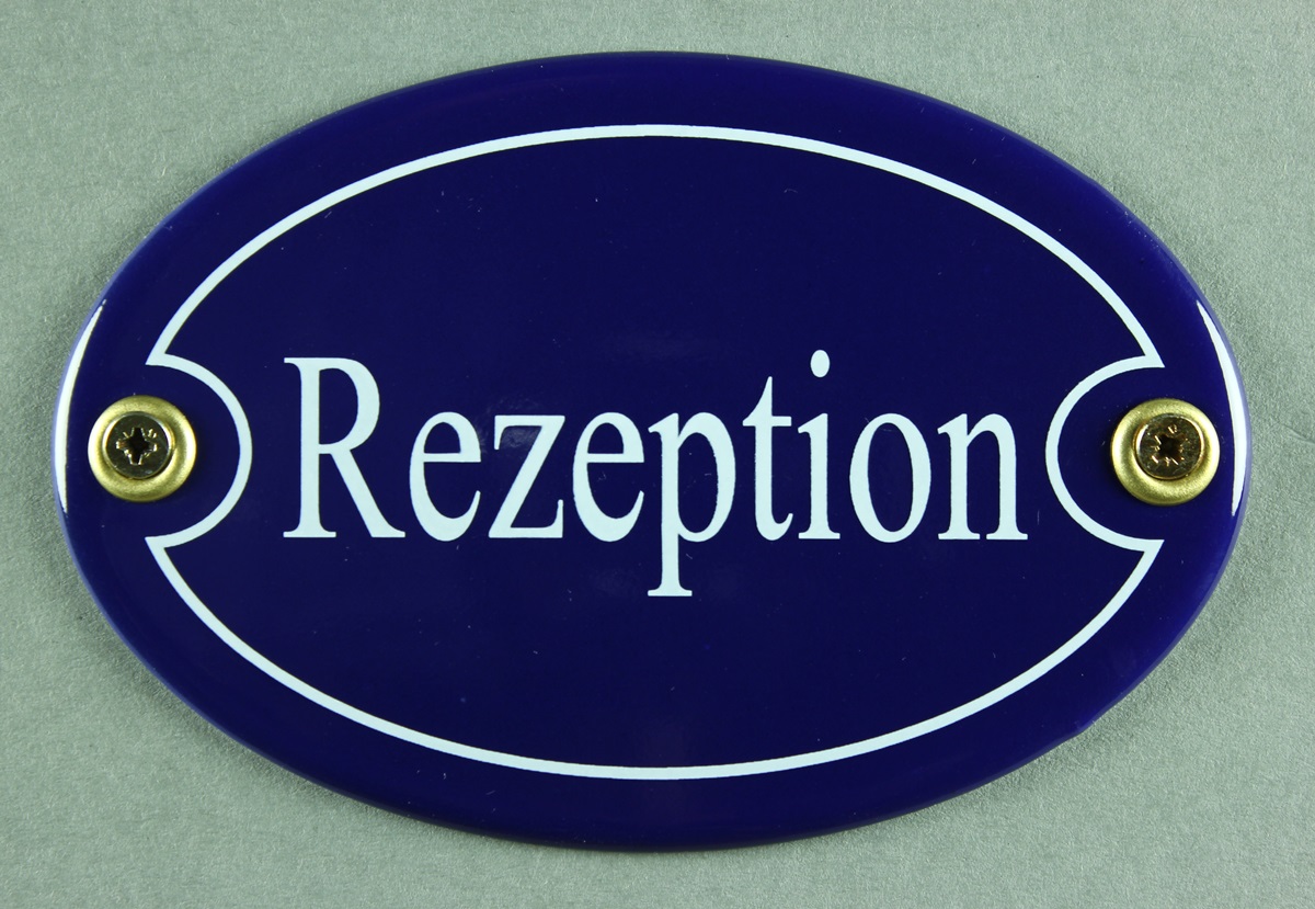 Emaille Türschild Rezeption blau oval Schild Emailleschild Metallschild Blechschild