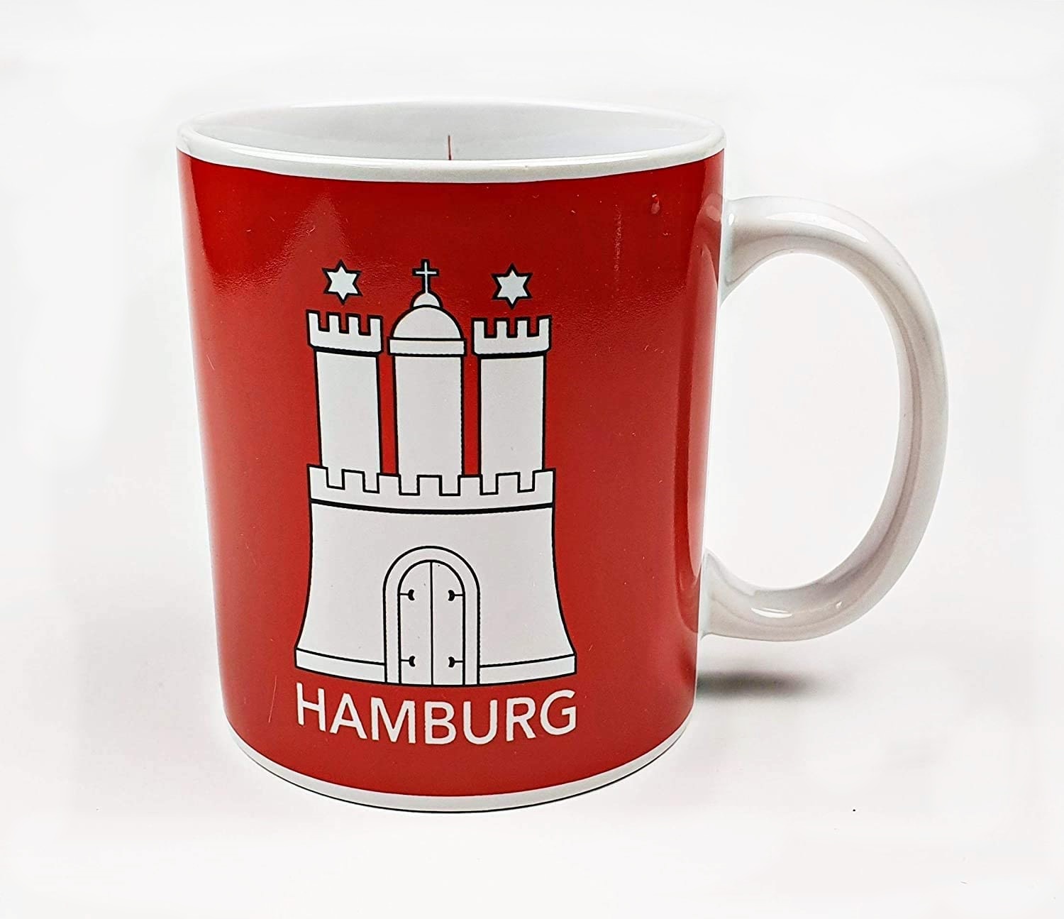 Hamburg Becher Skyline mit Hamburger Wappen rot Kaffeebecher Kaffeetasse Kaffee Pott