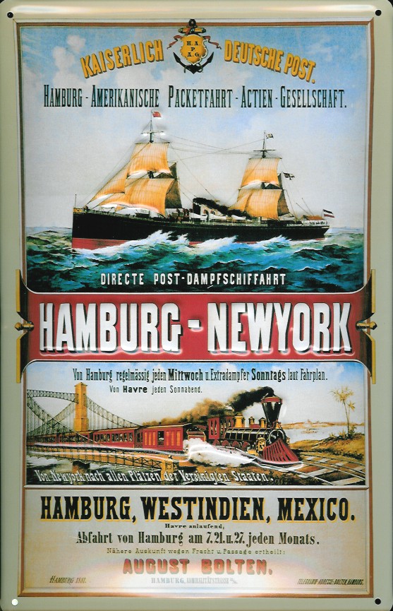 Blechschild Hamburg New York Postdampfer Post Dampfsegler Dampfer Schiff Schild Nostalgieschild