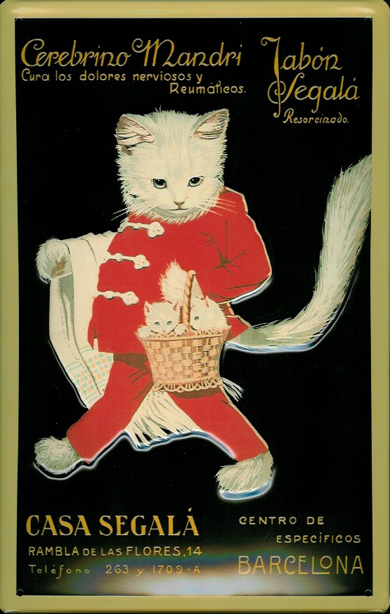 A905-Katze-mit-Korb Blechschild Nostalgieschild Casa Segala Barcelona Kater Katze