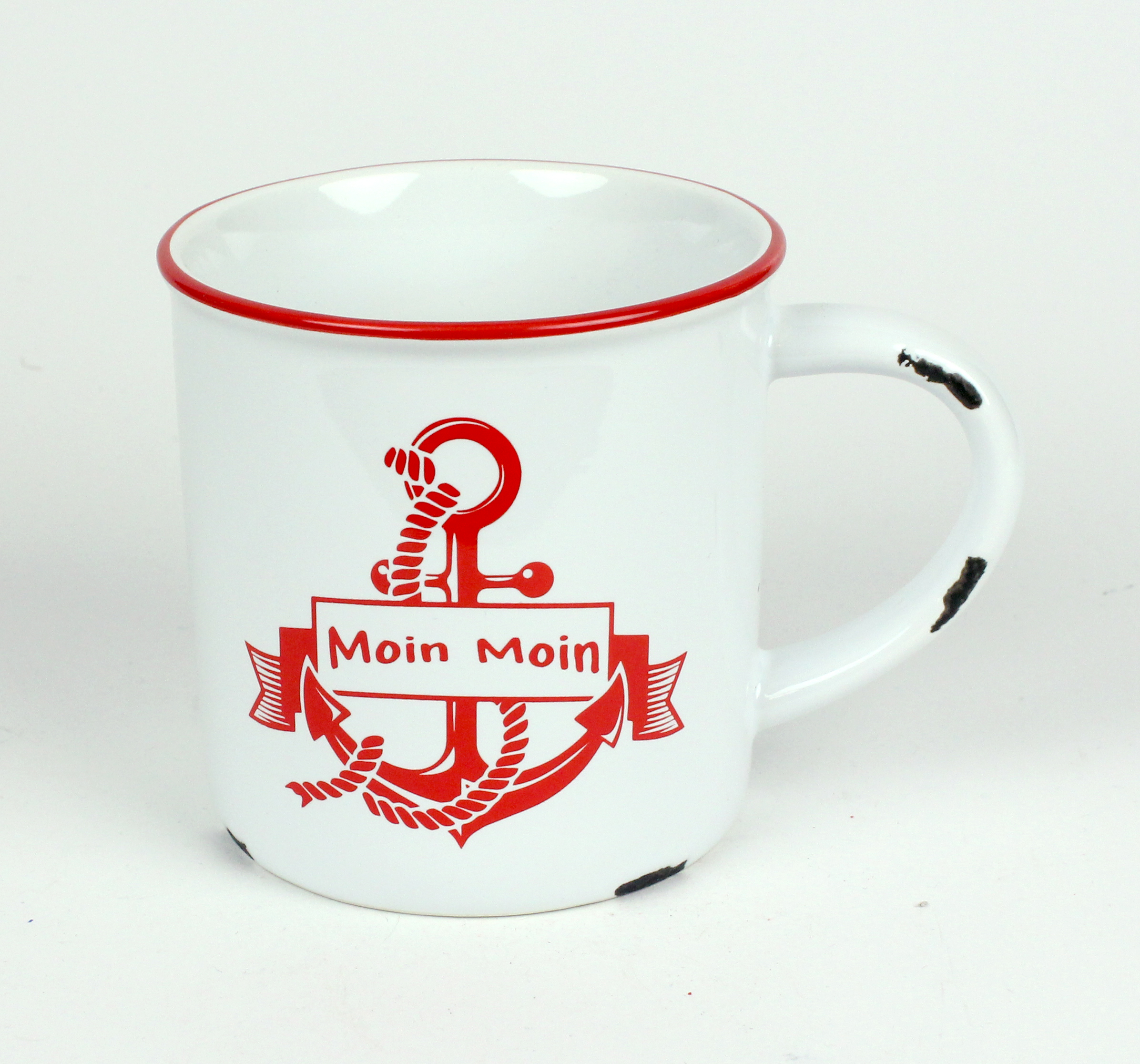 Rusty Becher Moin Moin Anker Kaffeebecher Kaffeepott weiß ROT Emaille-Optik Tasse