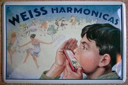 Blechschild Nostalgieschild :  Harmonicas - Weiss Mundharmonika