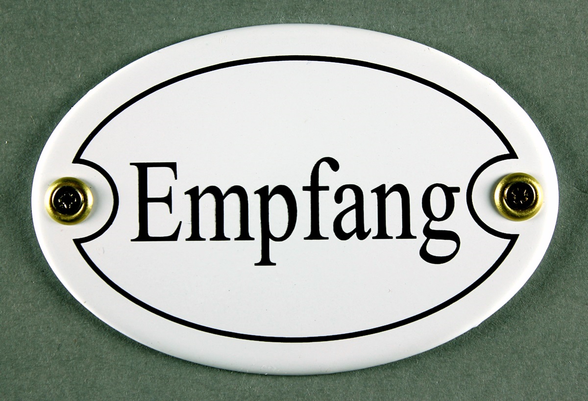 Emaille Türschild Empfang weiss oval Schild