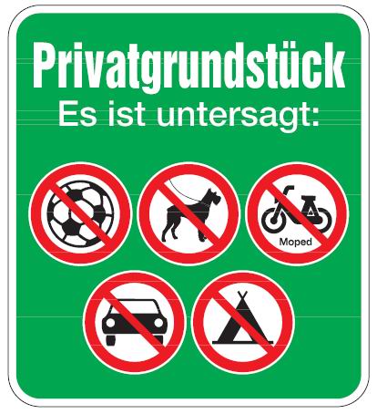 Aluminium Schild Privatgrundstück Hunde Motorräder Autos Zelte Fußball untersagt 500x450 mm geprägt