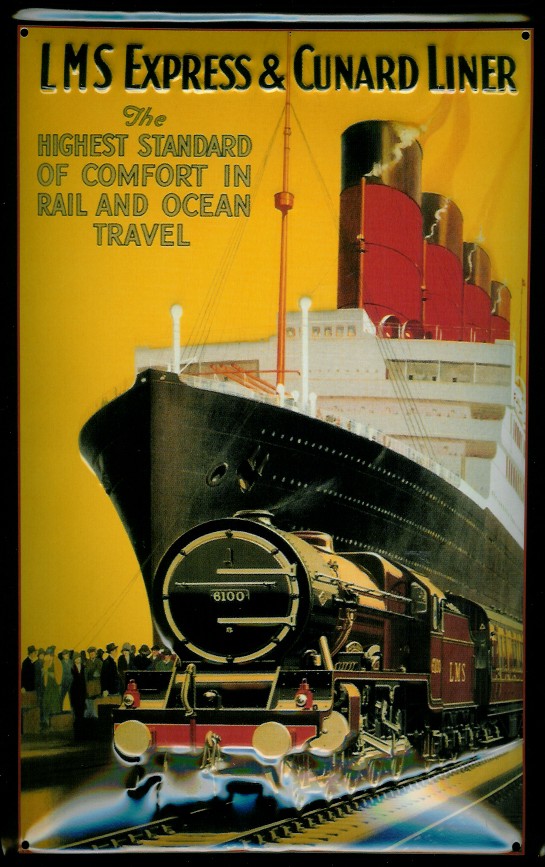 Blechschild LMS Expess & Cunard Liner Dampfschiff Eisenbahn Dampfer Schiff Schild Nostalgieschild