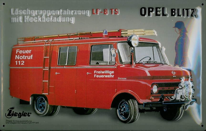 Blechschild Opel Blitz Feuerwehr Auto Wagen Nostalgieschild Schild