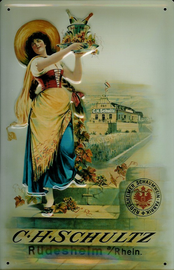 Blechschild C.H. Schultz Weinkellerei Rüdesheim Rhein Wein retro Schild