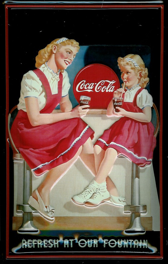 Blechschild Coca Cola Refresh at our Fountain Frau mit Kind Schild Coke retro Werbung