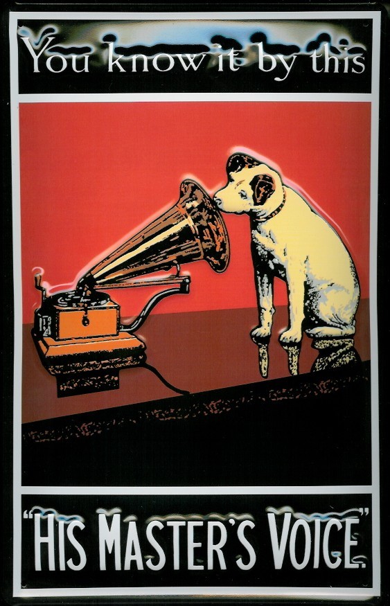 A114-His-Masters-rot Blechschild Nostalgieschild His Masters Voice Hund Hochformat