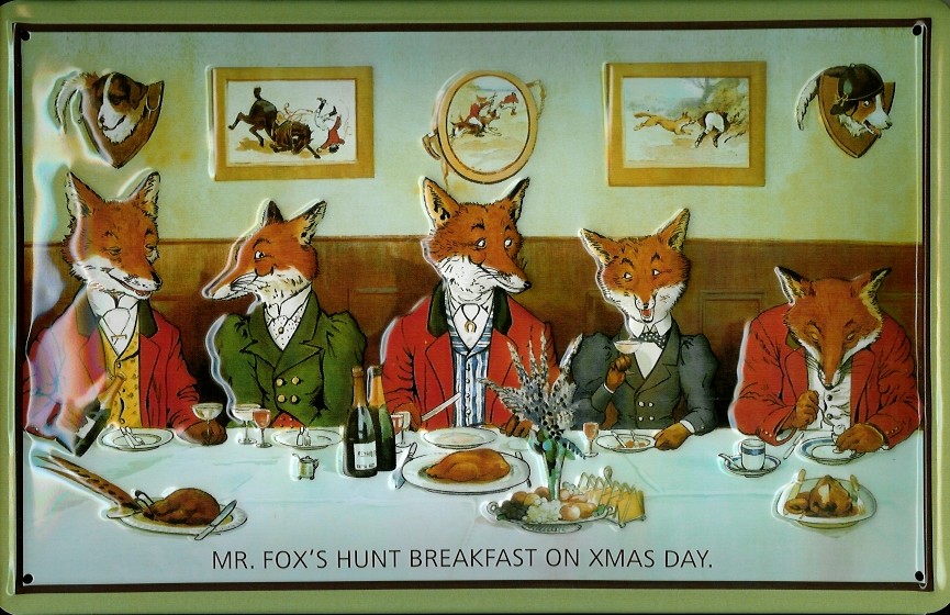 Blechschild Fox Hunt Breakfast Füchse am Tisch Blech Schild Souvenir Andenken