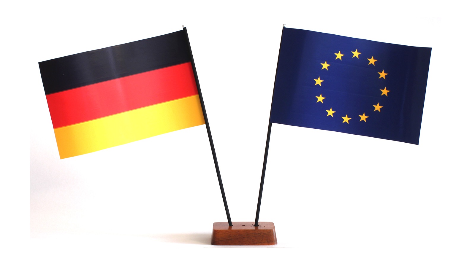 Mini Tischflagge Europa Europafahne EU 9x14 cm Höhe 20 cm mit Gratis-Bonusflagge und Holzsockel Tisc