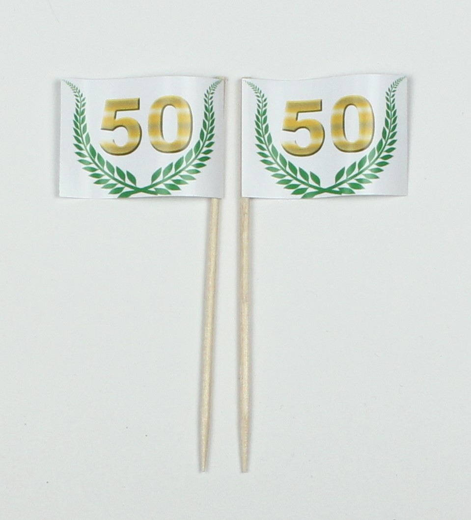 Party-Picker Flagge Jubiläumskranz "50" Jubiläum Papierfähnchen in Spitzenqualität 25 oder 50 Stück