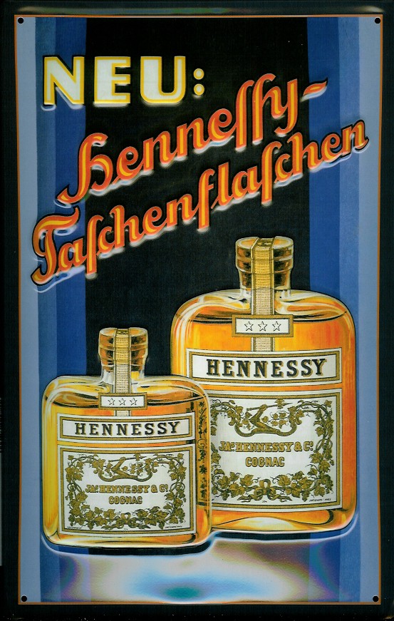 Blechschild Hennessy Cognac Taschenflasche Schild Weinbrand Brandy Werbeschild